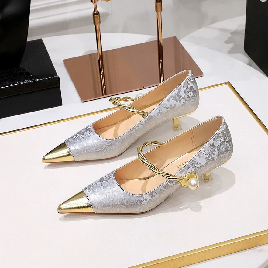 Chinese style closed pointed metal toe low stiletto heels shoes heeled sandals for women Mary Jane female shoes