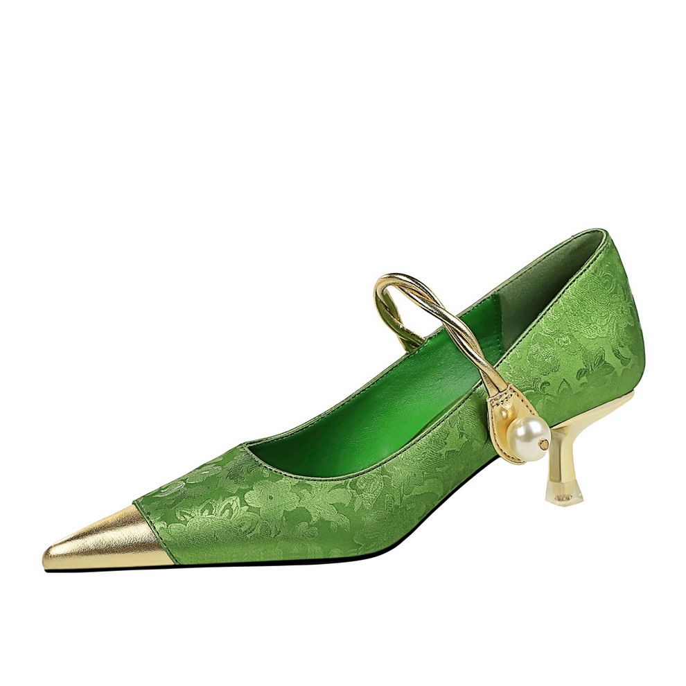 Chinese style closed pointed metal toe low stiletto heels shoes heeled sandals for women Mary Jane female shoes
