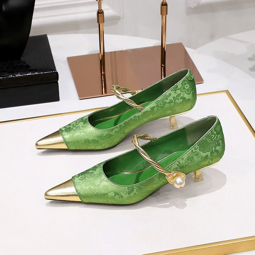 Chinese style closed pointed metal toe low stiletto heels shoes heeled sandals for women Mary Jane female shoes
