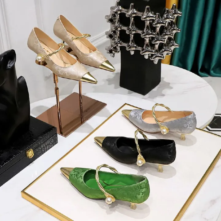 Chinese style closed pointed metal toe low stiletto heels shoes heeled sandals for women Mary Jane female shoes