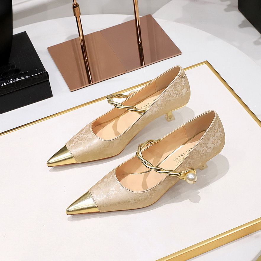 Chinese style closed pointed metal toe low stiletto heels shoes heeled sandals for women Mary Jane female shoes