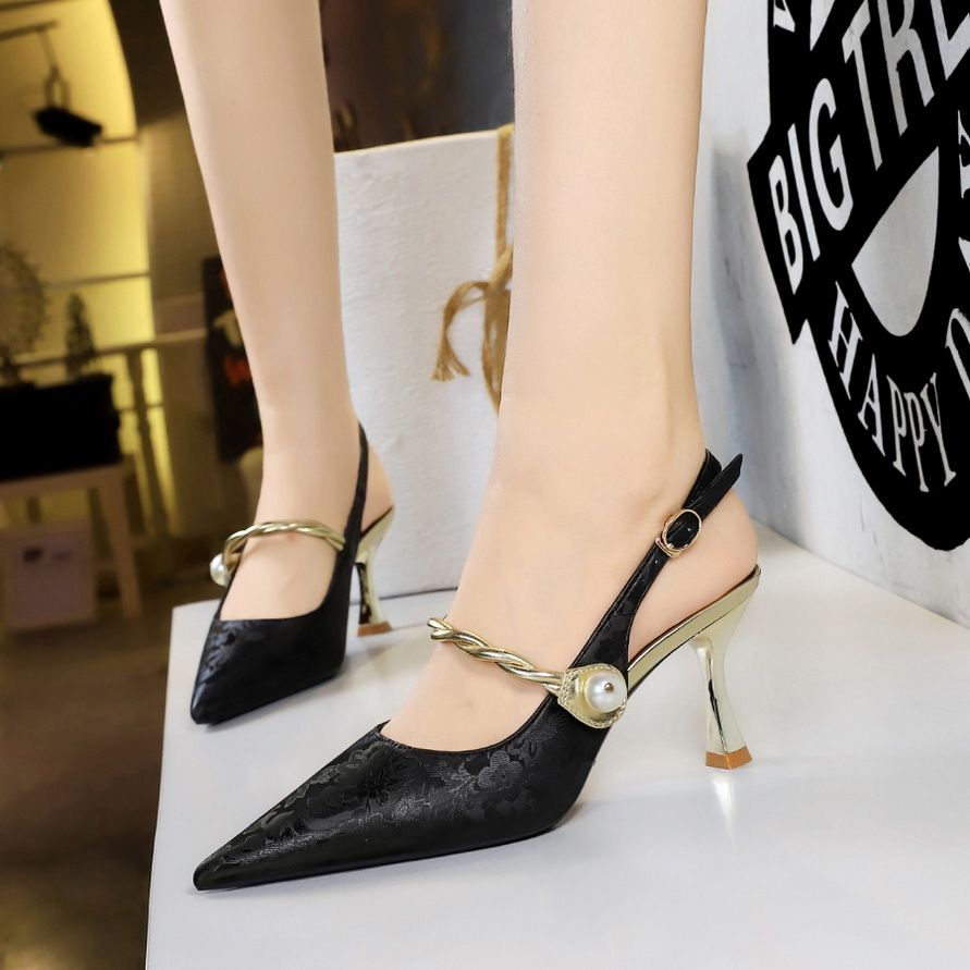 Chinese style closed pointed metal toe low stiletto heels shoes heeled sandals for women Mary Jane female shoes