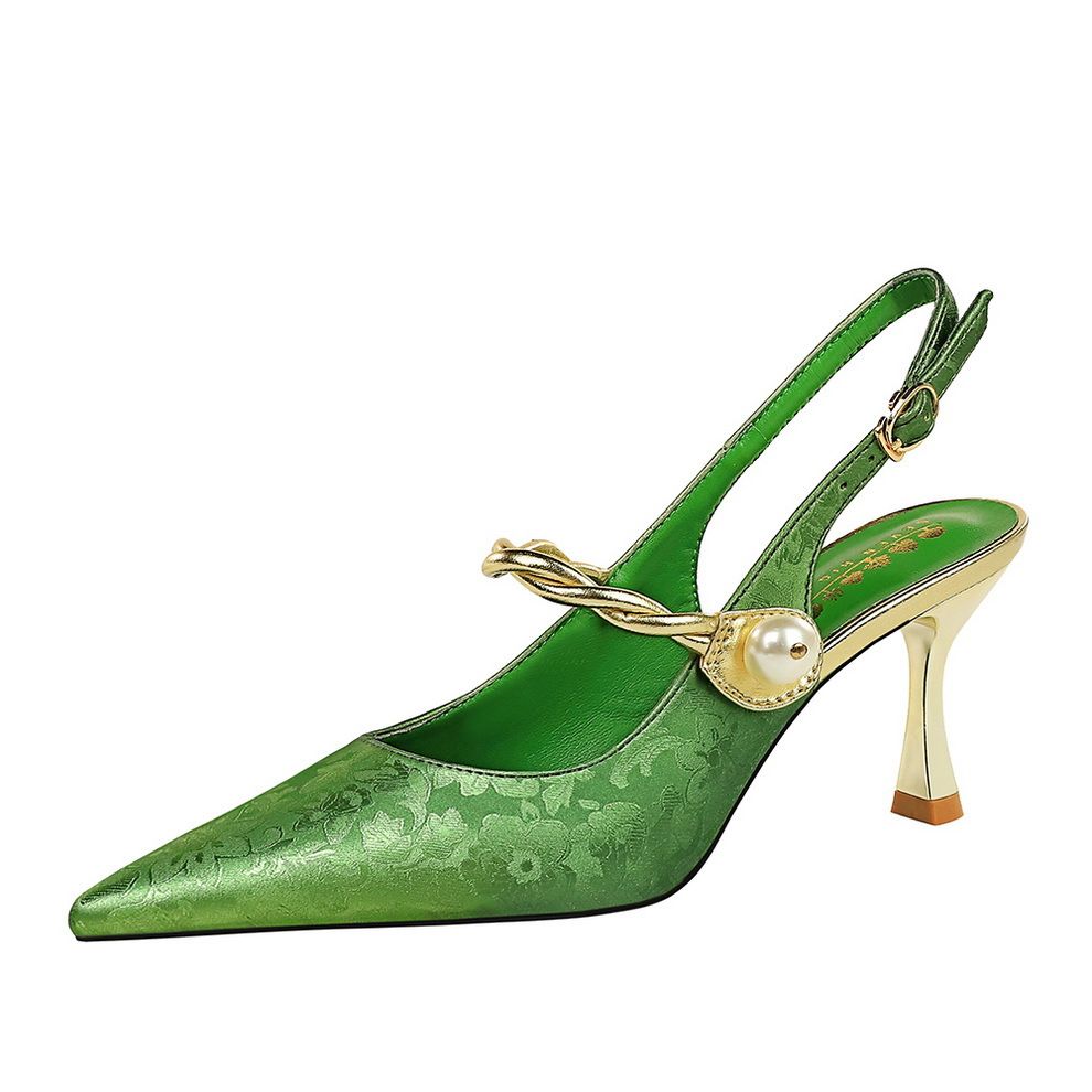 Chinese style closed pointed metal toe low stiletto heels shoes heeled sandals for women Mary Jane female shoes