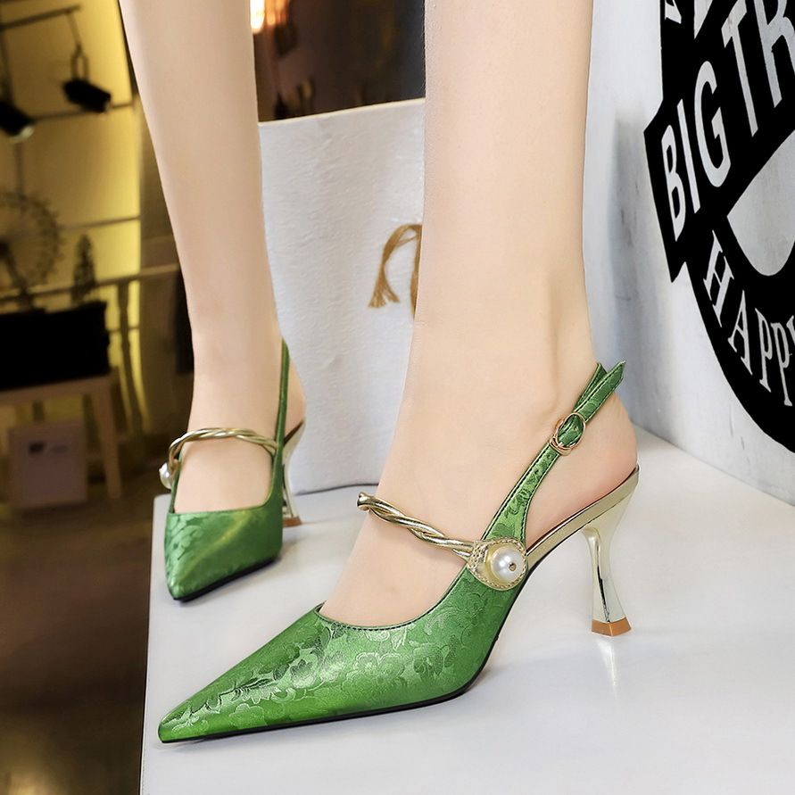 Chinese style closed pointed metal toe low stiletto heels shoes heeled sandals for women Mary Jane female shoes