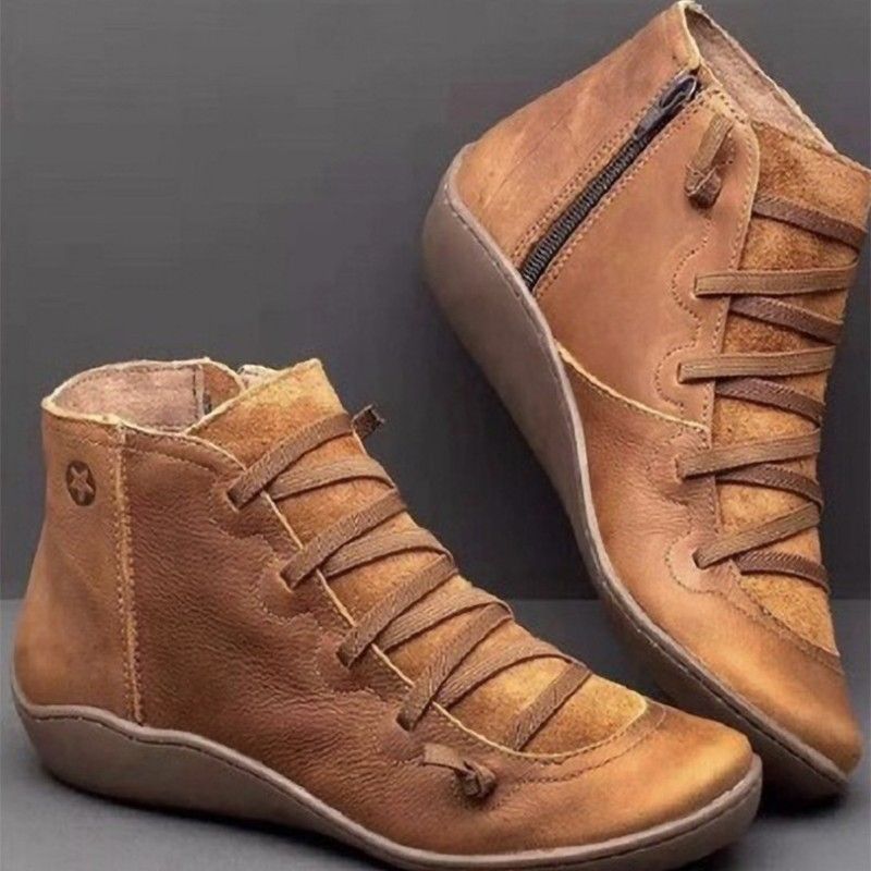 Women's Boots Autumn And Winter Retro Female Shoes Fashion Leather Ankle Boots Flat Casual Lace Up Solid Color Short Boots