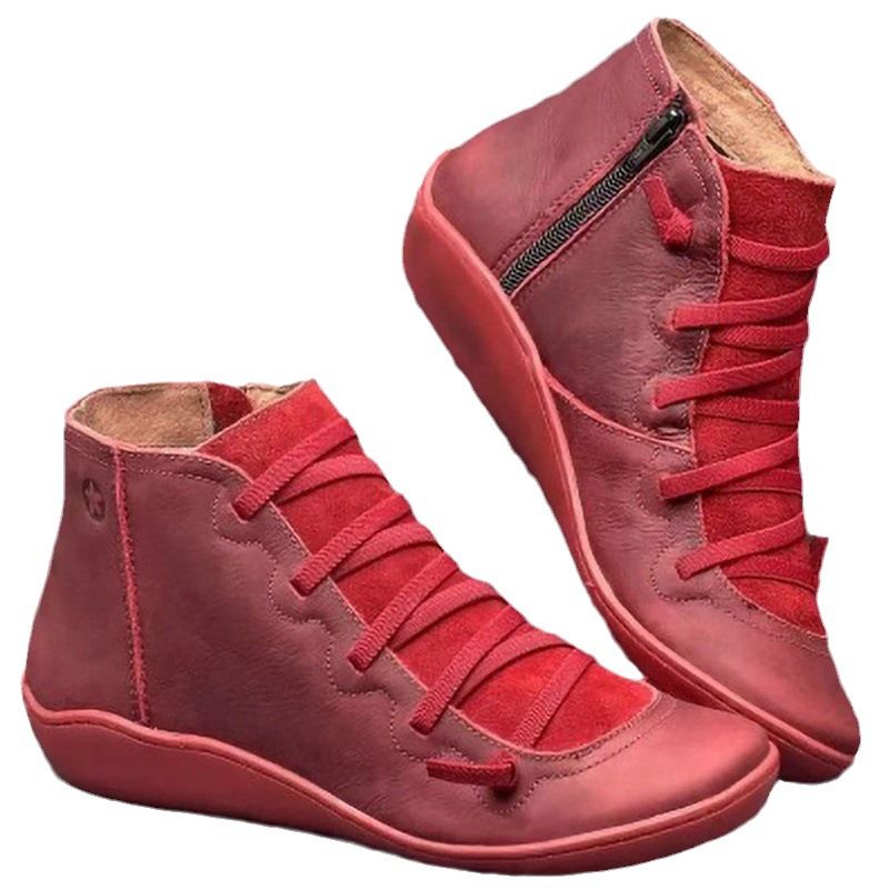 Women's Boots Autumn And Winter Retro Female Shoes Fashion Leather Ankle Boots Flat Casual Lace Up Solid Color Short Boots