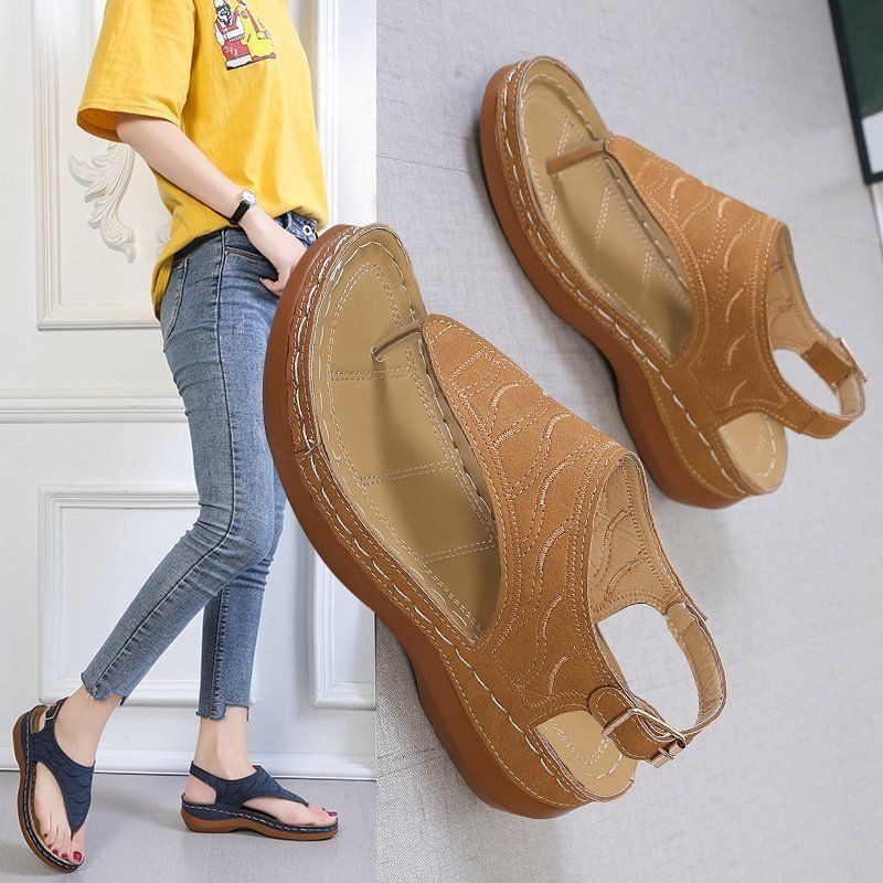 Summer New Herringbone Women's Shoes Flip-Toe Embroidery Thread Style Large Size 43 Sandals for Women and Ladies