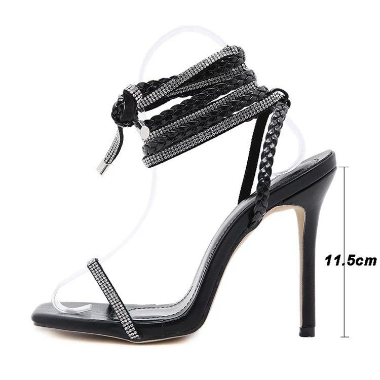 Summer Fashion Rhinestone Braided Square Toe Stilettos Open Toe Lace Up Ankle Straps Sandal Heels Women