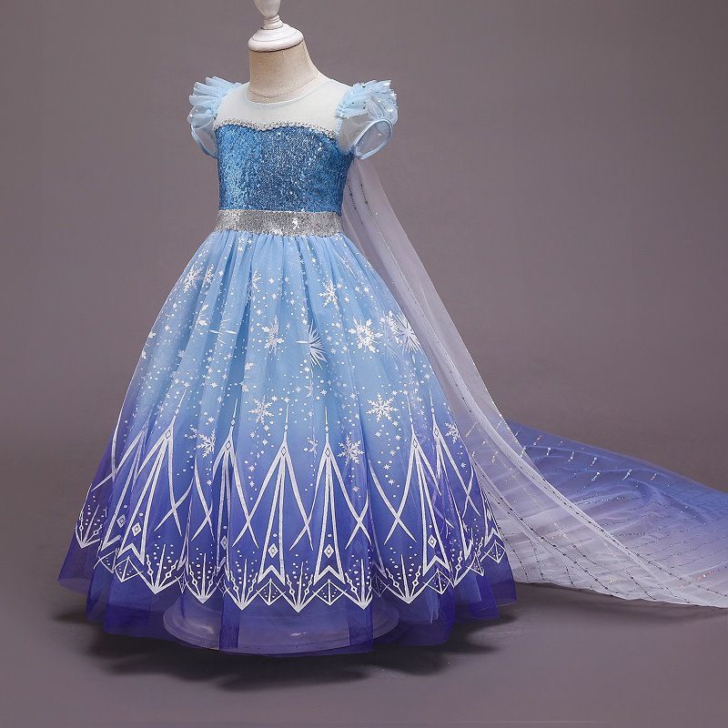Hot Sale Cartoon Character Princess Elsa Cosplay Princess Dress Costume with Cloak Halloween Girl Castle Carnival Party