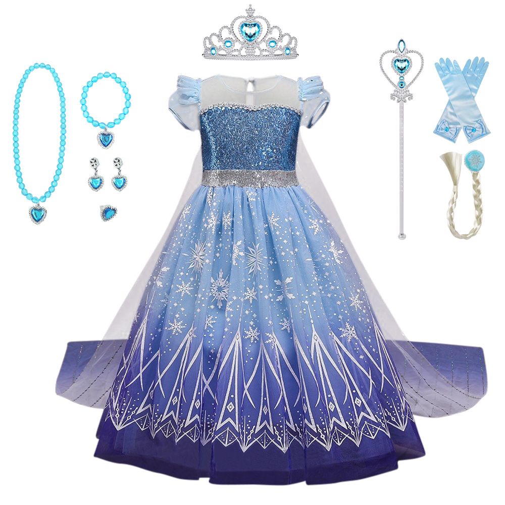 Hot Sale Cartoon Character Princess Elsa Cosplay Princess Dress Costume with Cloak Halloween Girl Castle Carnival Party