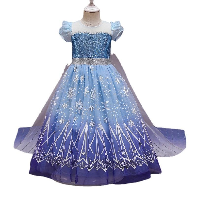 Hot Sale Cartoon Character Princess Elsa Cosplay Princess Dress Costume with Cloak Halloween Girl Castle Carnival Party