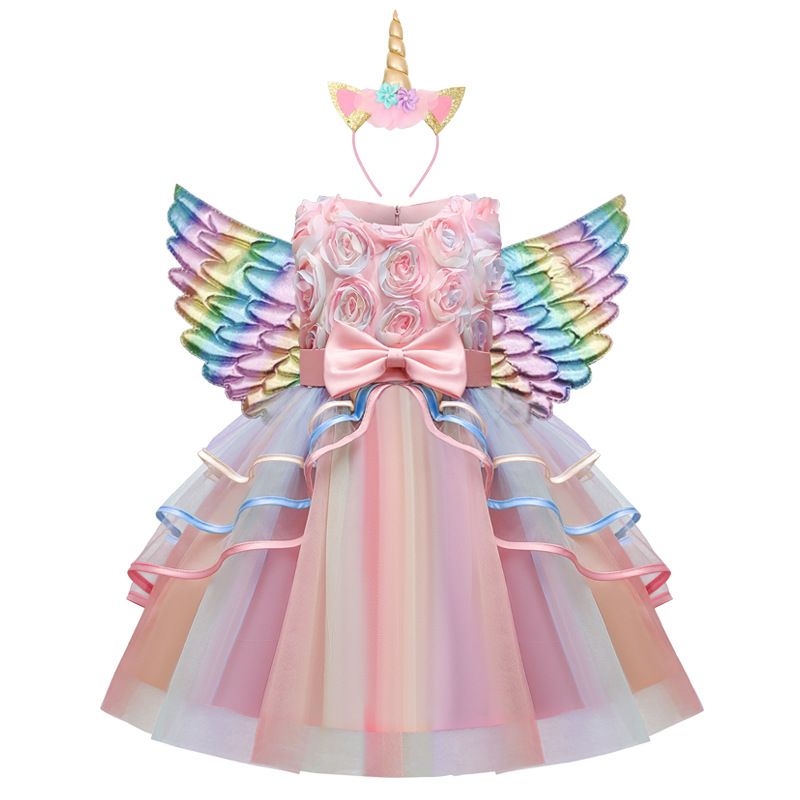 girl party dresses high quality sleeveless vest style rainbow color long or short dress with bow girl dresses wedding baby