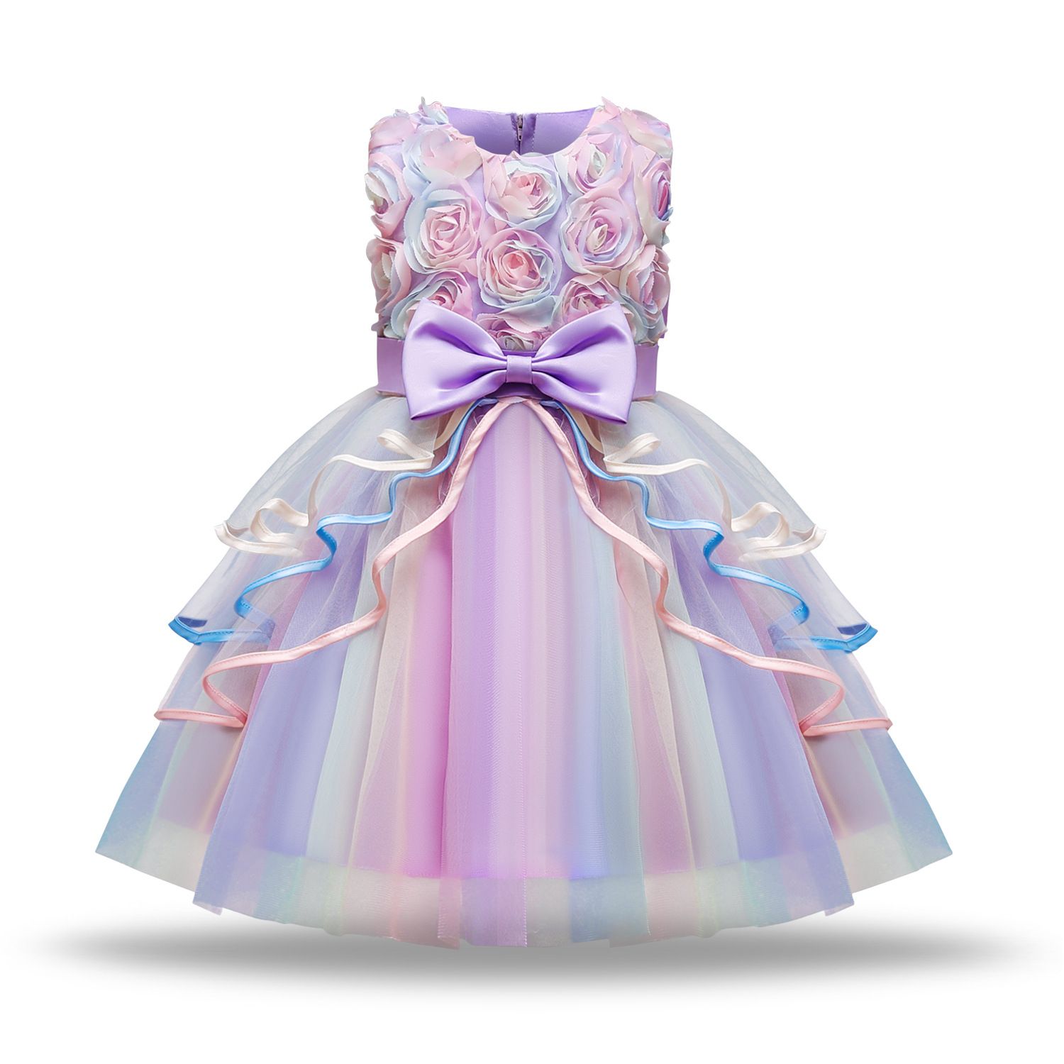 girl party dresses high quality sleeveless vest style rainbow color long or short dress with bow girl dresses wedding baby