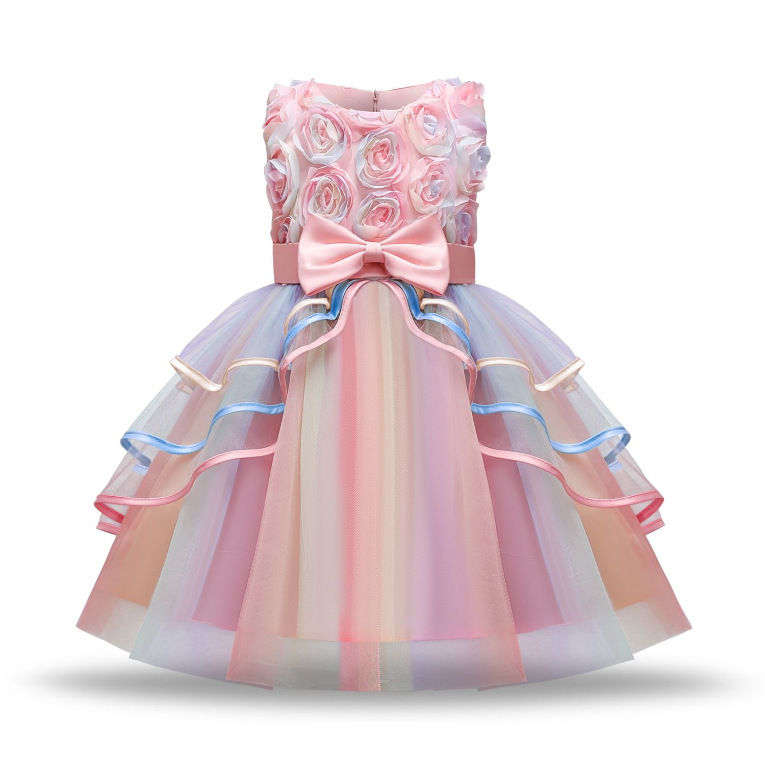 girl party dresses high quality sleeveless vest style rainbow color long or short dress with bow girl dresses wedding baby