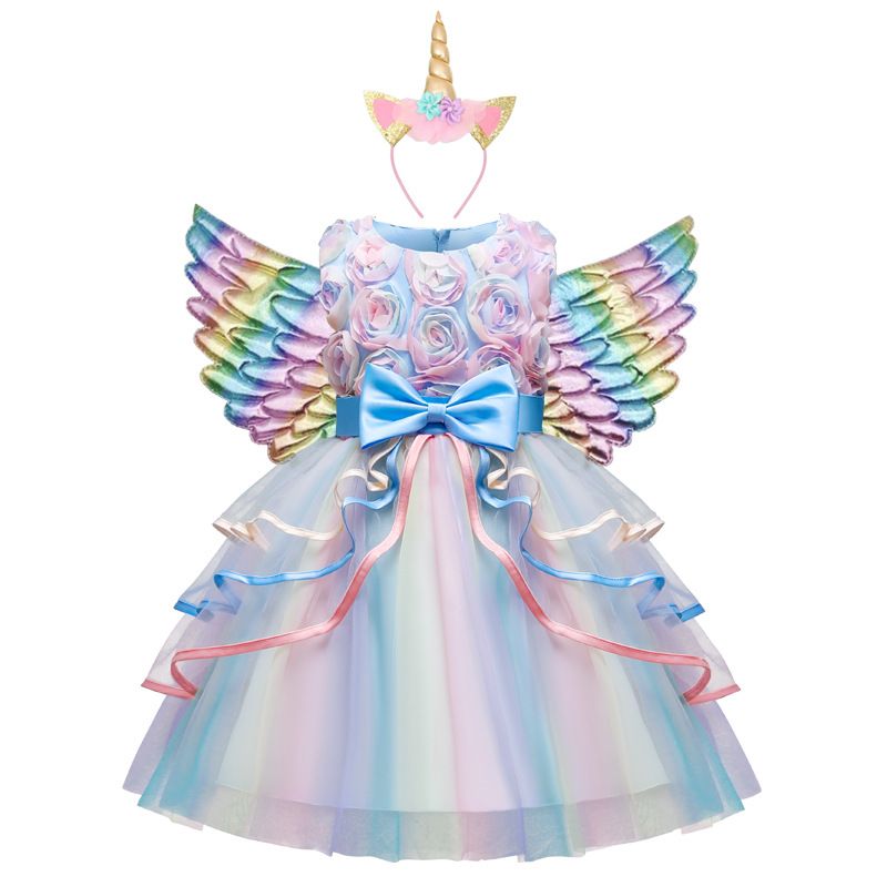 girl party dresses high quality sleeveless vest style rainbow color long or short dress with bow girl dresses wedding baby
