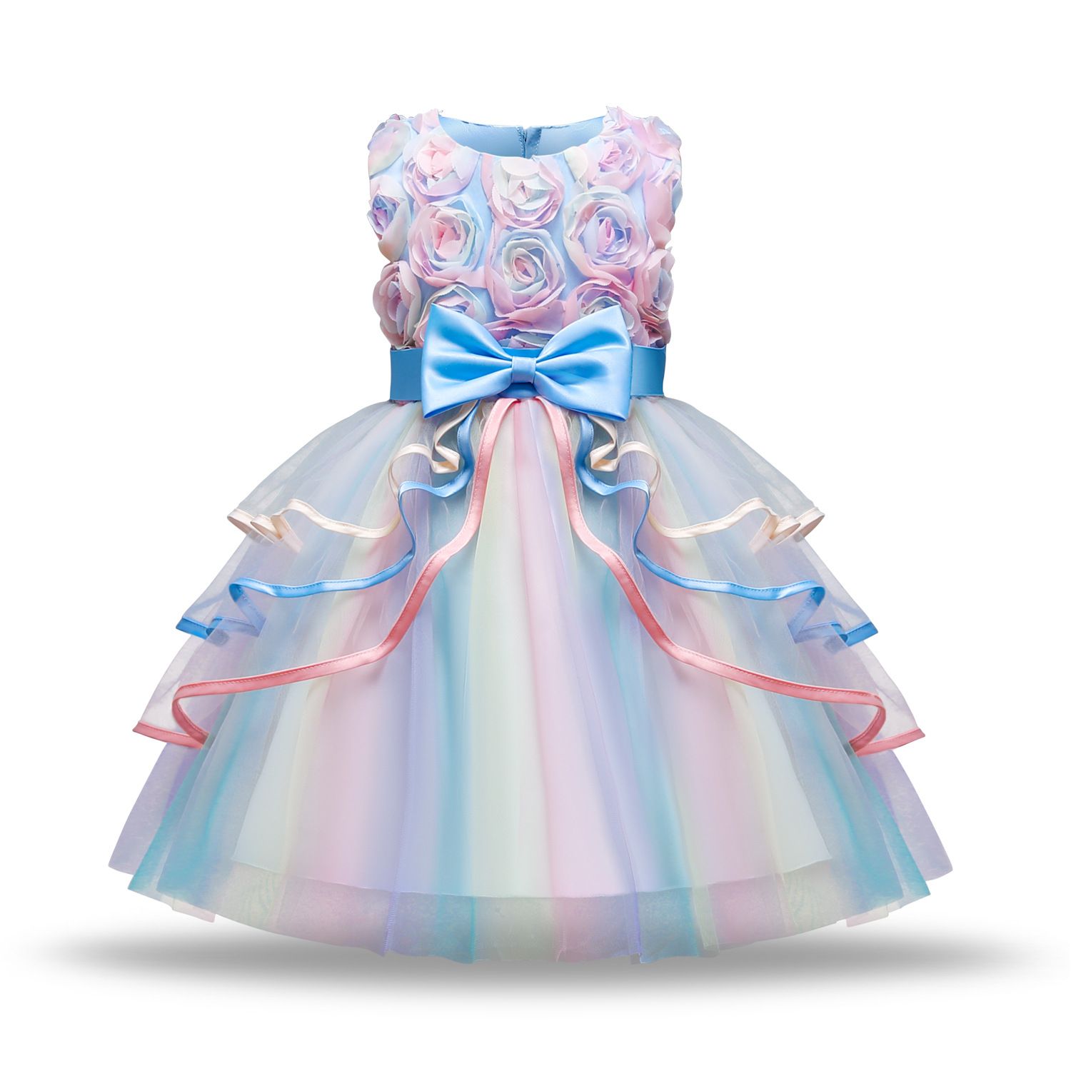 girl party dresses high quality sleeveless vest style rainbow color long or short dress with bow girl dresses wedding baby