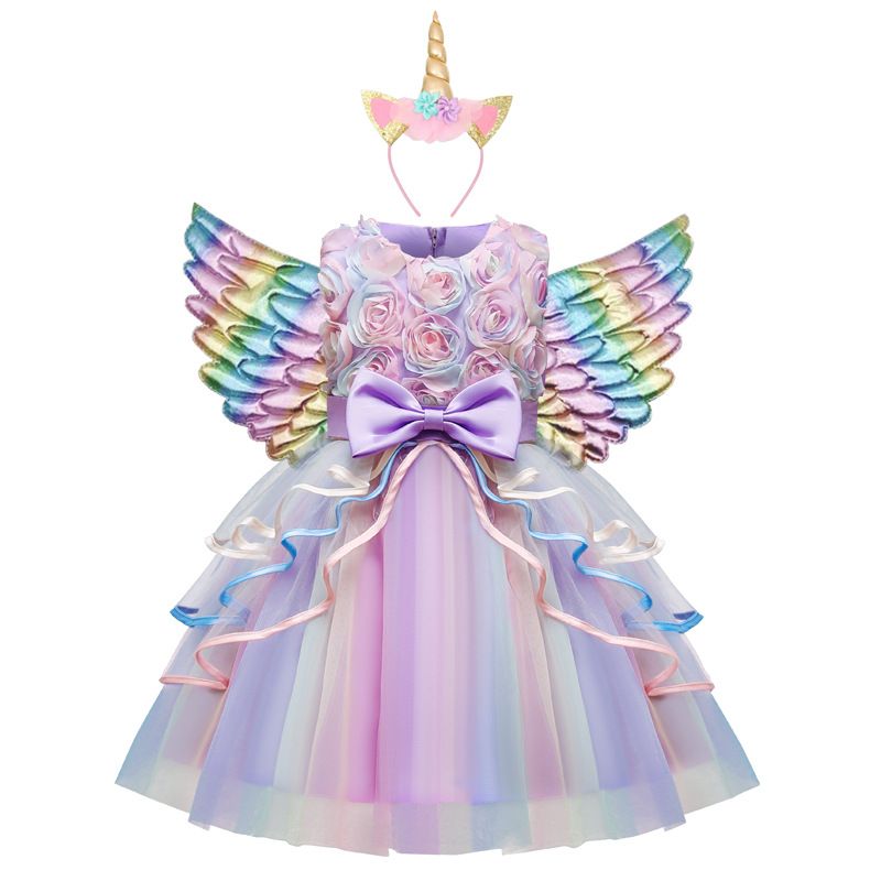 girl party dresses high quality sleeveless vest style rainbow color long or short dress with bow girl dresses wedding baby