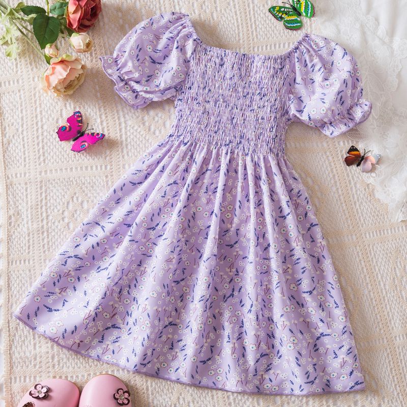 Girls dress new summer foreign style small floral bubble short-sleeved chiffon princess skirt children's clothing
