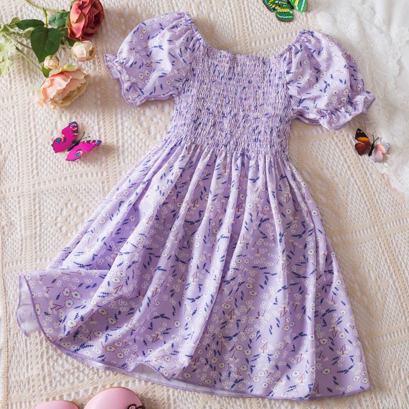 Girls dress new summer foreign style small floral bubble short-sleeved chiffon princess skirt children's clothing