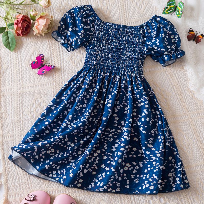 Girls dress new summer foreign style small floral bubble short-sleeved chiffon princess skirt children's clothing