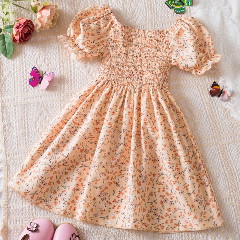 Girls dress new summer foreign style small floral bubble short-sleeved chiffon princess skirt children's clothing