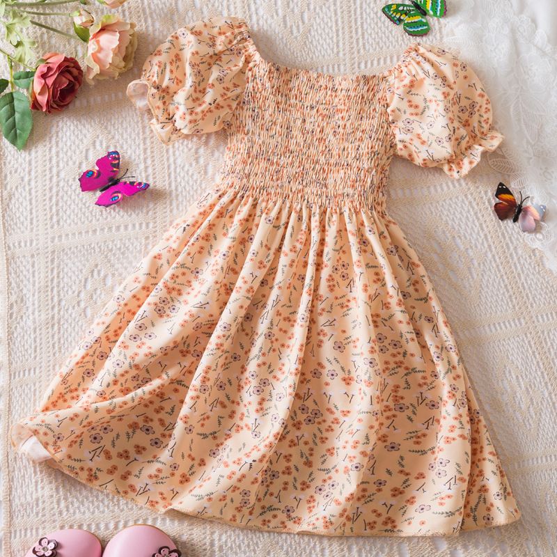 Girls dress new summer foreign style small floral bubble short-sleeved chiffon princess skirt children's clothing