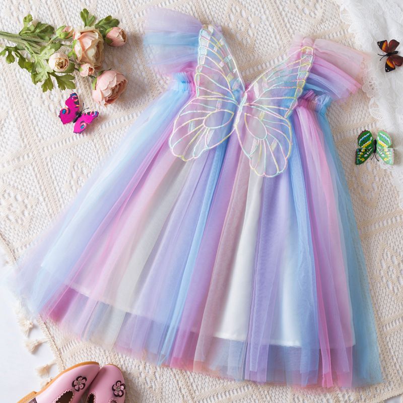 New girls' dress Summer flying sleeve baby girls' Princess dress Children's mesh dress kids wear