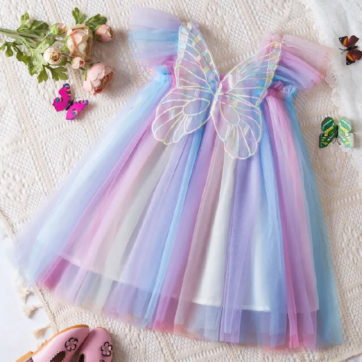 New girls' dress Summer flying sleeve baby girls' Princess dress Children's mesh dress kids wear