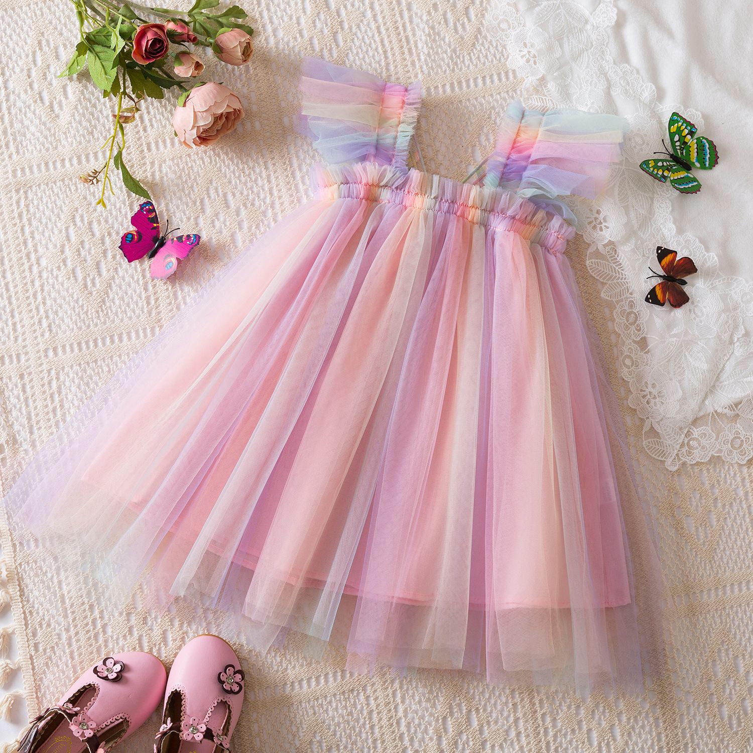 New girls' dress Summer flying sleeve baby girls' Princess dress Children's mesh dress kids wear