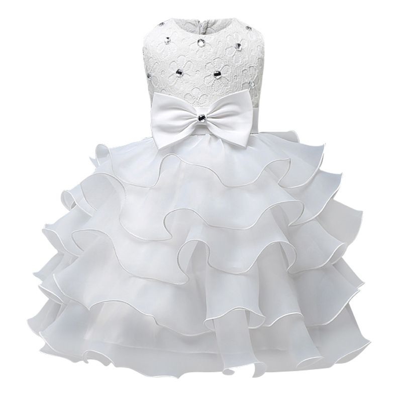 Hot sell summer sleeveless birthday party bow applique ruffles layer cake dance pretty girls kids flower girl dress
