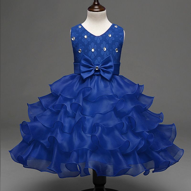 Hot sell summer sleeveless birthday party bow applique ruffles layer cake dance pretty girls kids flower girl dress