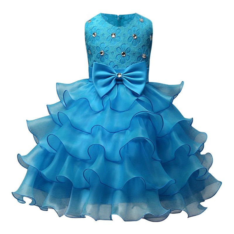 Hot sell summer sleeveless birthday party bow applique ruffles layer cake dance pretty girls kids flower girl dress