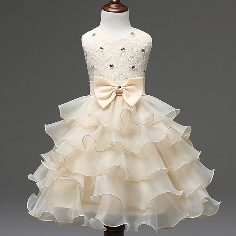 Hot sell summer sleeveless birthday party bow applique ruffles layer cake dance pretty girls kids flower girl dress