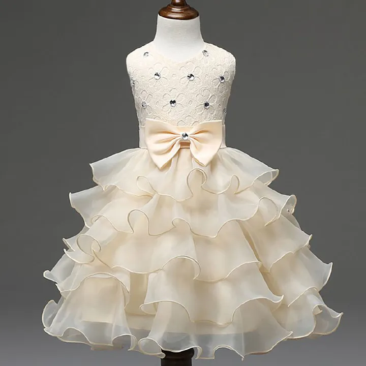 Hot sell summer sleeveless birthday party bow applique ruffles layer cake dance pretty girls kids flower girl dress
