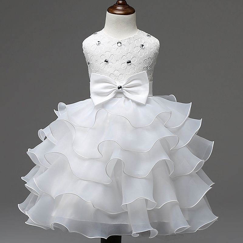 Hot sell summer sleeveless birthday party bow applique ruffles layer cake dance pretty girls kids flower girl dress