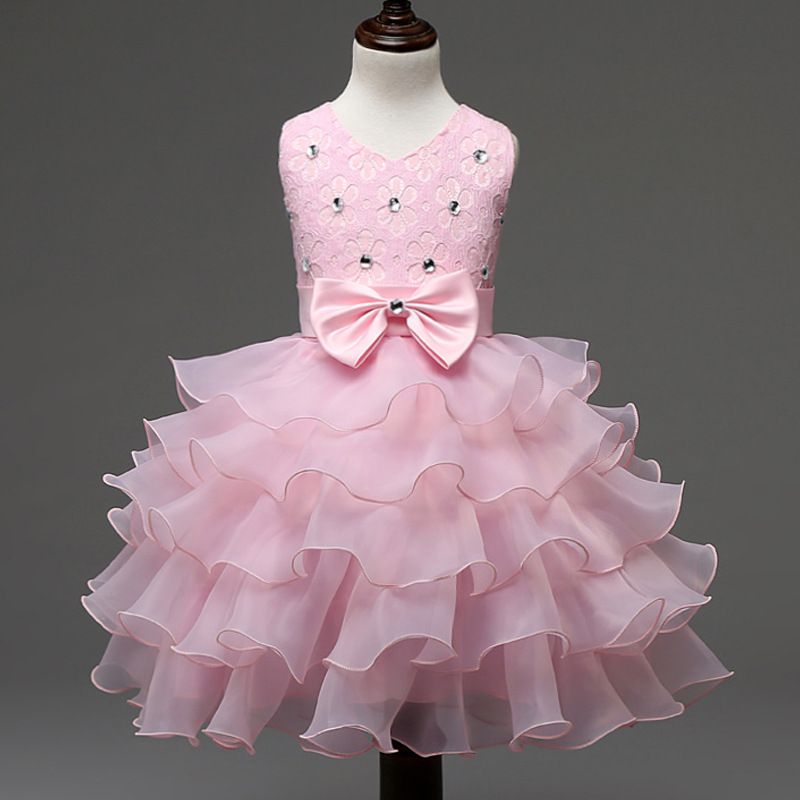 Hot sell summer sleeveless birthday party bow applique ruffles layer cake dance pretty girls kids flower girl dress