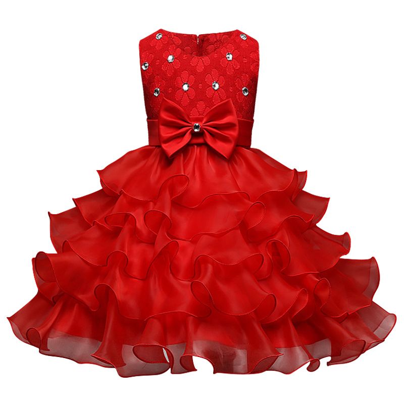Hot sell summer sleeveless birthday party bow applique ruffles layer cake dance pretty girls kids flower girl dress