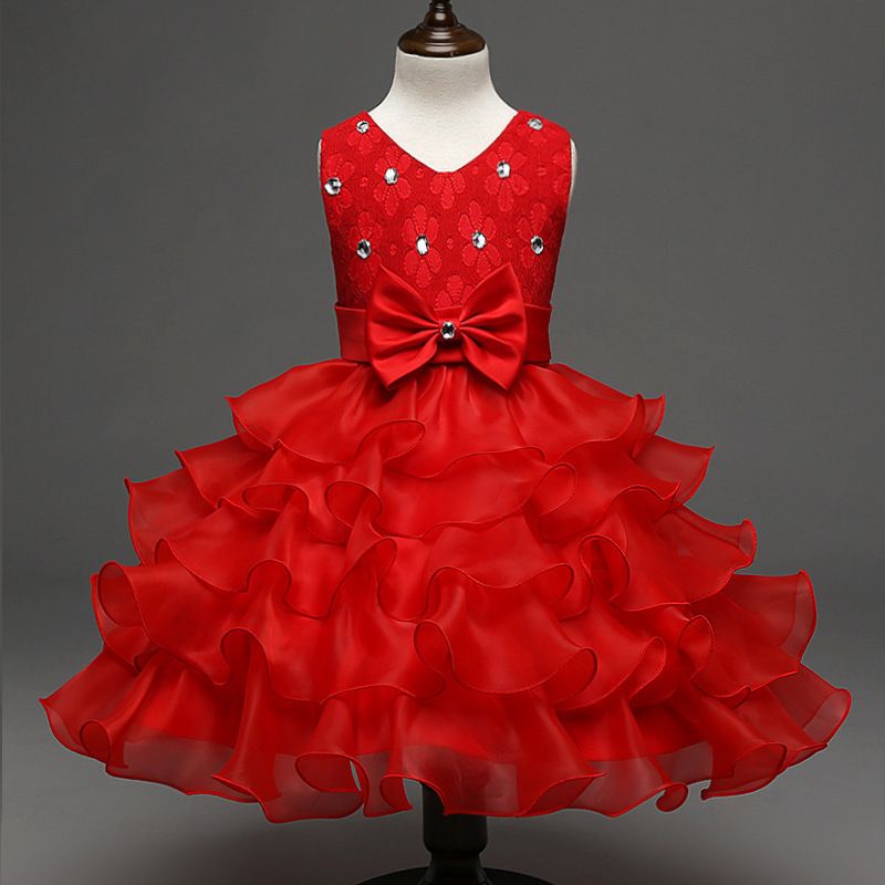 Hot sell summer sleeveless birthday party bow applique ruffles layer cake dance pretty girls kids flower girl dress