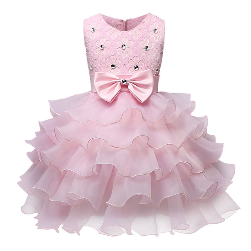 Hot sell summer sleeveless birthday party bow applique ruffles layer cake dance pretty girls kids flower girl dress