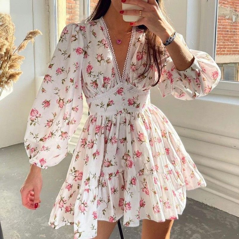 Wholesale custom summer women's clothing new elegant and sweet printed V-neck lace short long sleeved dress for women