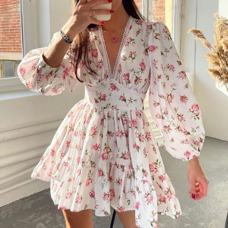 Wholesale custom summer women's clothing new elegant and sweet printed V-neck lace short long sleeved dress for women