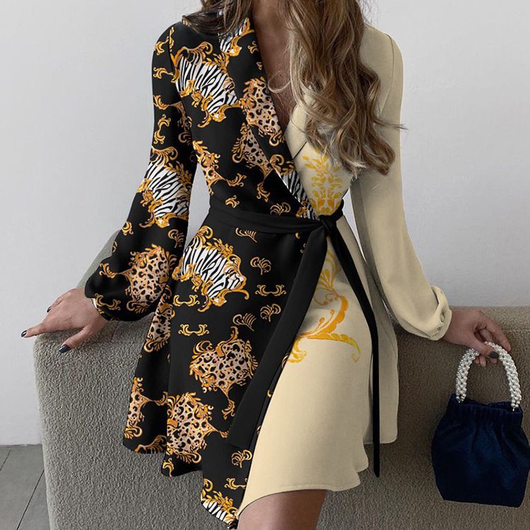 Women Print Splicing Simple Dress Ladies Official Waist Lapel Plus Size Line Career Business Office Casual Wear Dinner Dresses