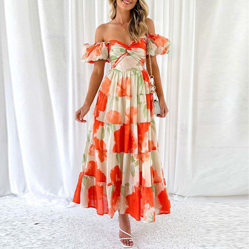 Hot Selling Women clothing Fashion Spring Autumn Puff Sleeve Dress Sleeve Floral Dress Hollow Out Ladies Dresses