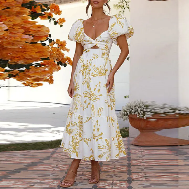 Hot Selling Women clothing Fashion Spring Autumn Puff Sleeve Dress Sleeve Floral Dress Hollow Out Ladies Dresses