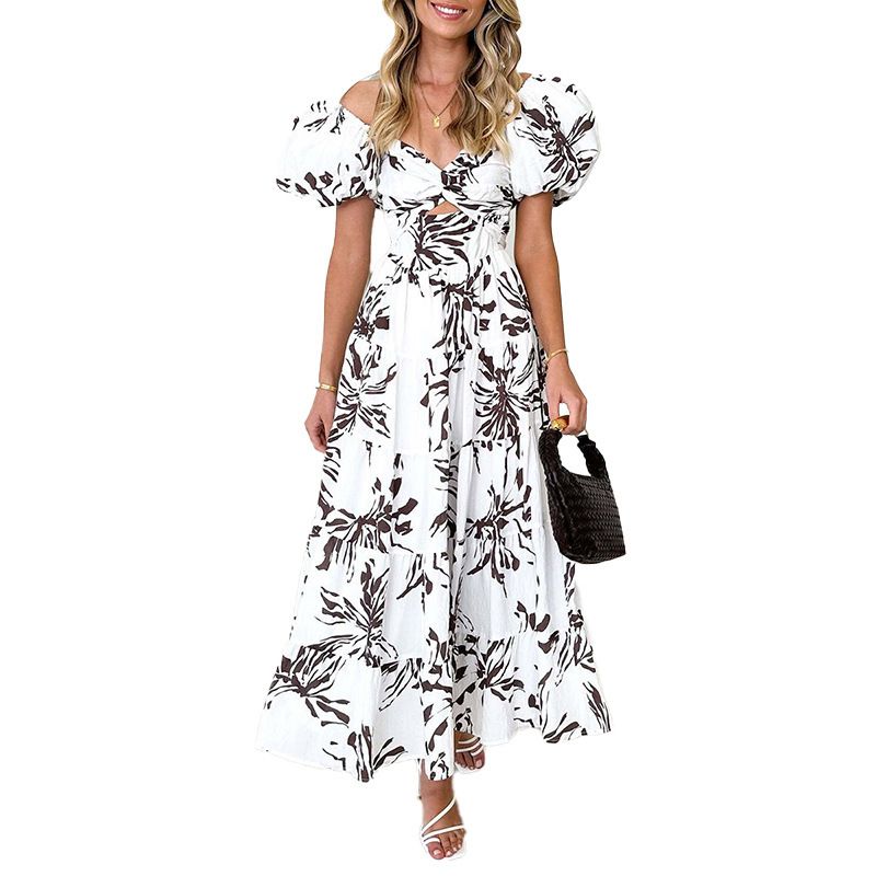 Hot Selling Women clothing Fashion Spring Autumn Puff Sleeve Dress Sleeve Floral Dress Hollow Out Ladies Dresses
