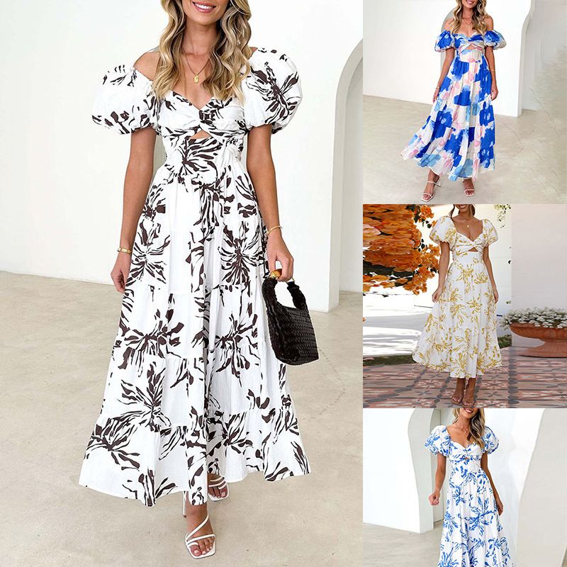 Hot Selling Women clothing Fashion Spring Autumn Puff Sleeve Dress Sleeve Floral Dress Hollow Out Ladies Dresses