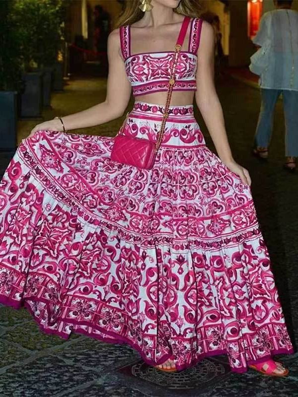 Summer Runway Holiday Blue and White Porcelain Print Two Piece Set Women Short Puff Sleeve Strap Elastic Top And Maxi Skirt Suit