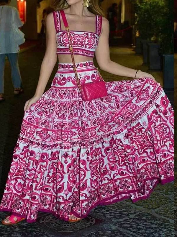 Summer Runway Holiday Blue and White Porcelain Print Two Piece Set Women Short Puff Sleeve Strap Elastic Top And Maxi Skirt Suit