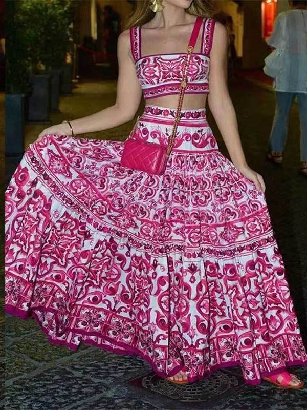 Summer Runway Holiday Blue and White Porcelain Print Two Piece Set Women Short Puff Sleeve Strap Elastic Top And Maxi Skirt Suit