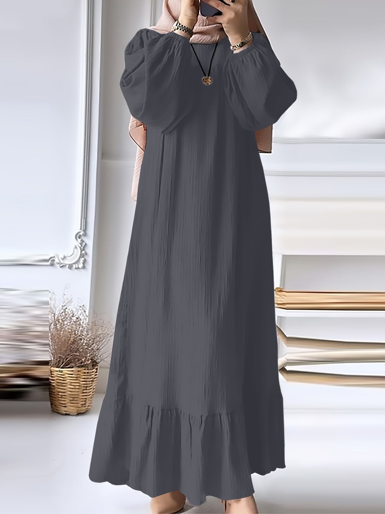 New Muslim Women Robe Dress Spring Autumn Fashion Long Sleeve Ruffle Abaya Mid East Lady Casual A-line Dresses
